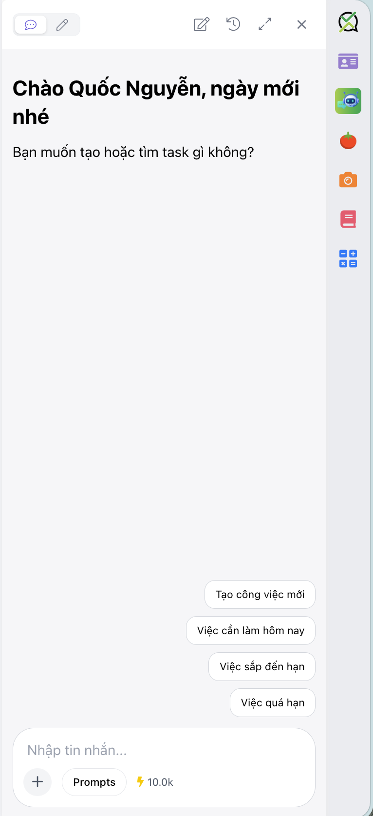 Chat Assistant — màn hình trò chuyện và thao tác nhanh