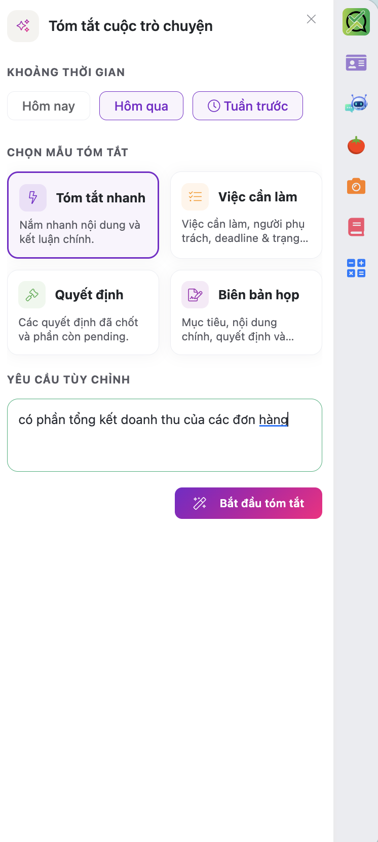 Chat Summary — chọn khoảng thời gian và mẫu tóm tắt