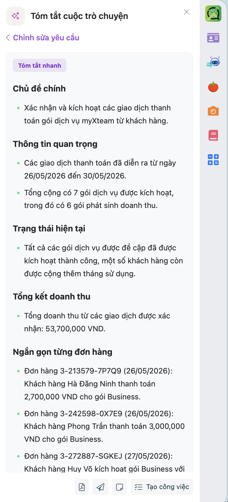 Kết quả tóm tắt hội thoại theo mẫu