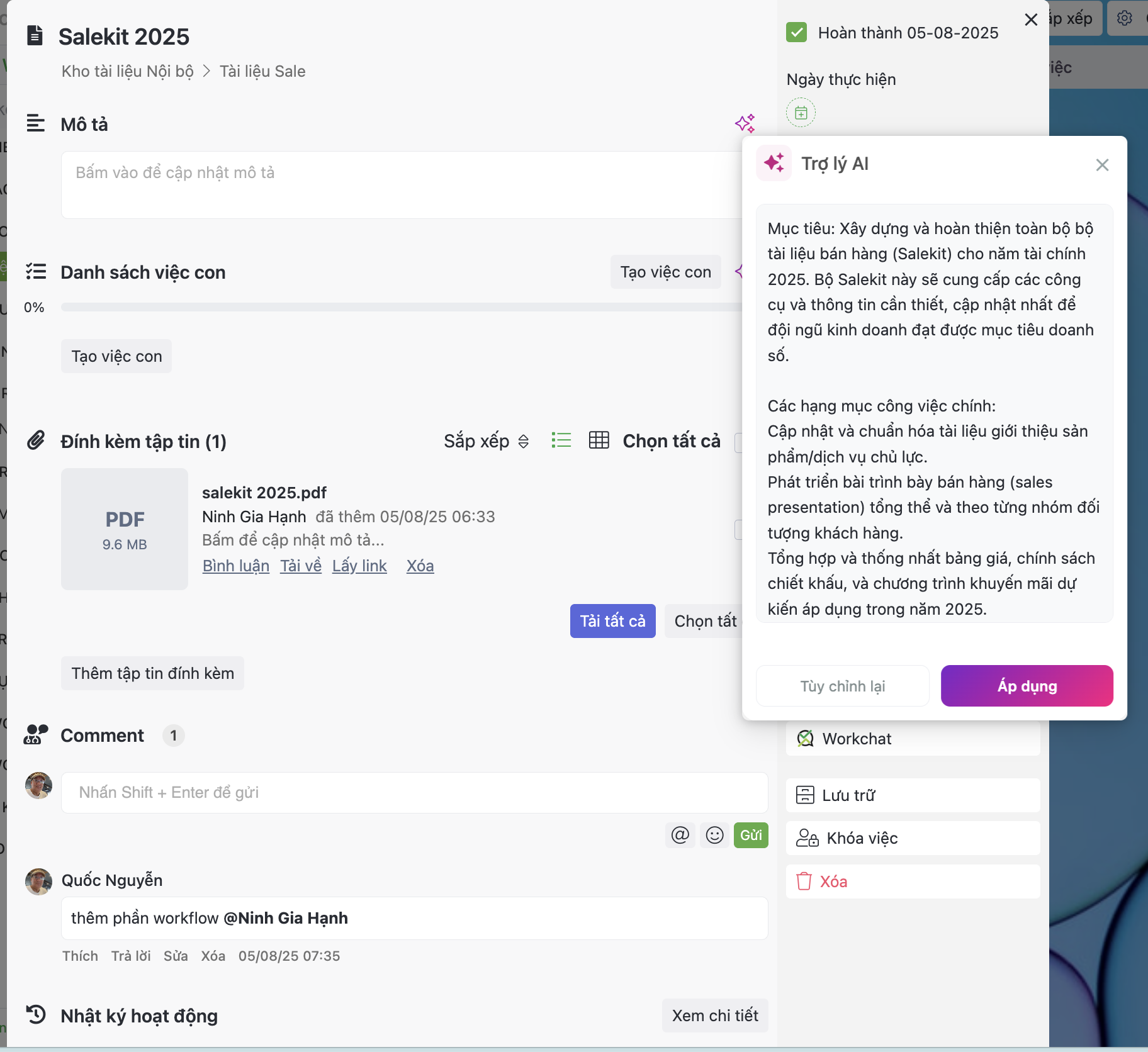 Trợ lý AI tạo mô tả công việc ngay trong chi tiết task